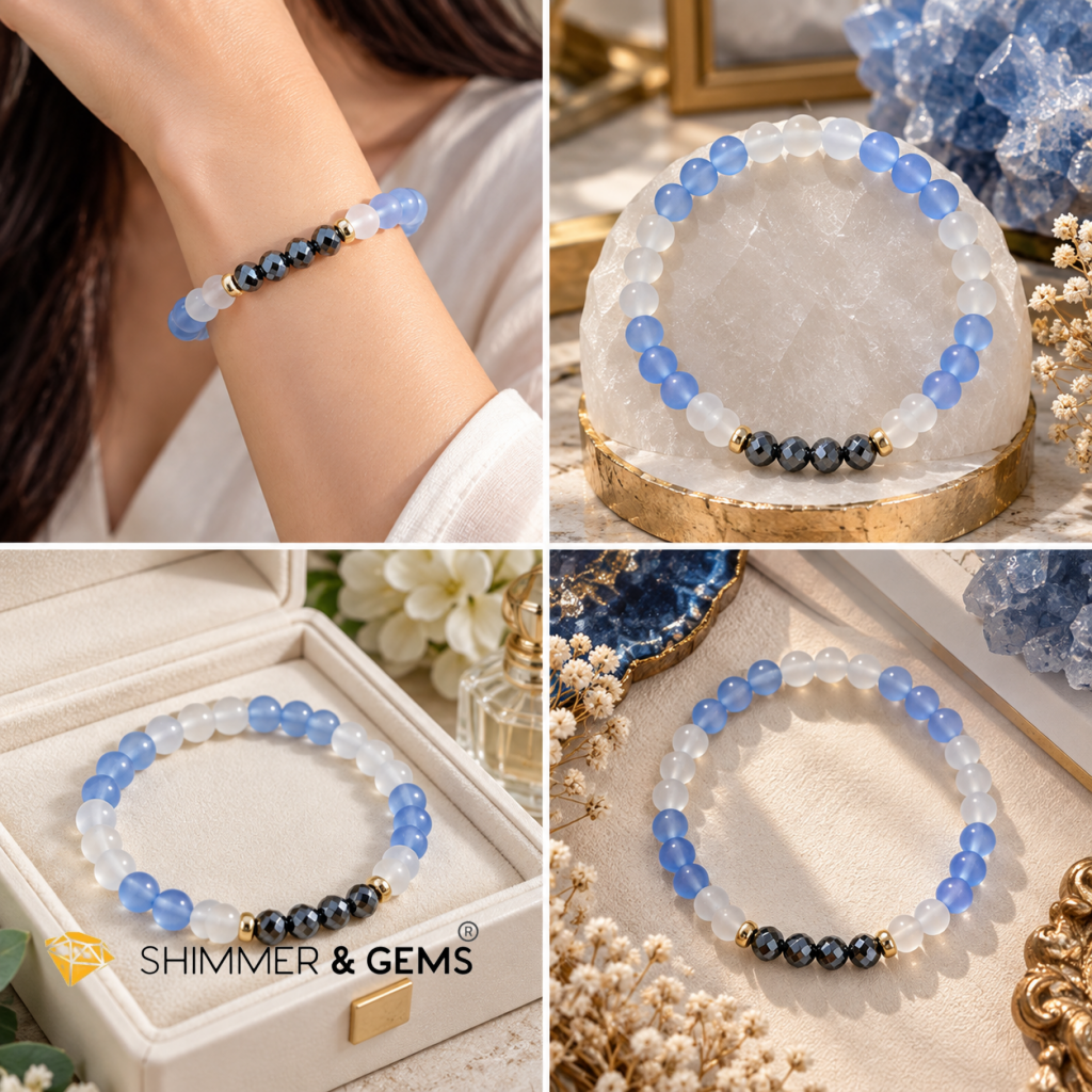 2027 BOUNTIFUL SUCCESS & PROSPERITY Bracelet by Audrey (White Agate, Hematite & Blue Chalcedony) Limited Stocks Only!