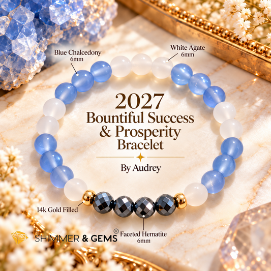 2027 BOUNTIFUL SUCCESS & PROSPERITY Bracelet by Audrey (White Agate, Hematite & Blue Chalcedony) Limited Stocks Only!