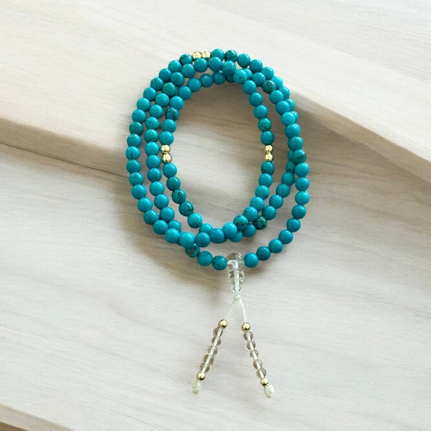 Encoded Tibetan Mala – 108 Hubei Turquoise Beads of Blessing with Clear Quartz • 14K Gold-Filled Beads (Pre-coded & Attuned)