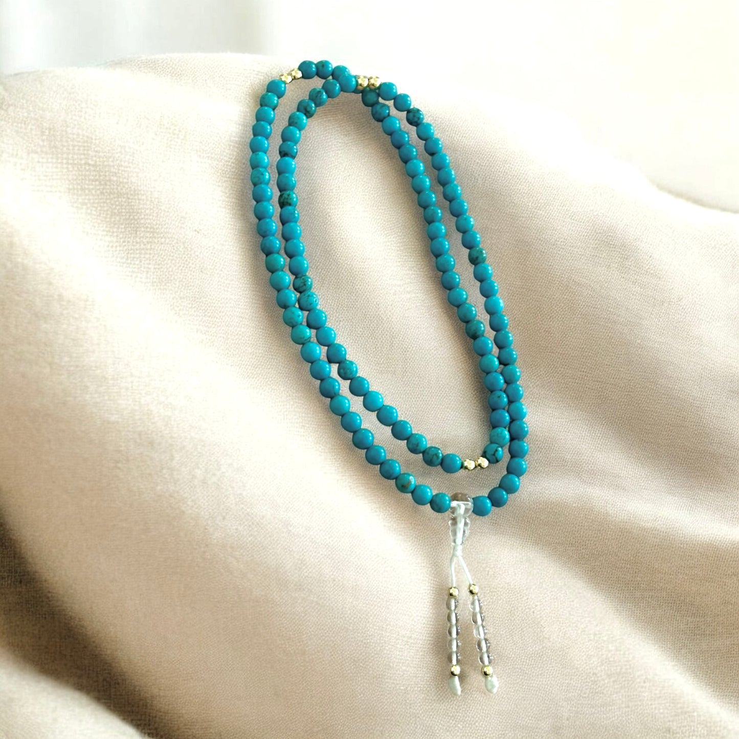 Encoded Tibetan Mala – 108 Hubei Turquoise Beads of Blessing with Clear Quartz • 14K Gold-Filled Beads (Pre-coded & Attuned)