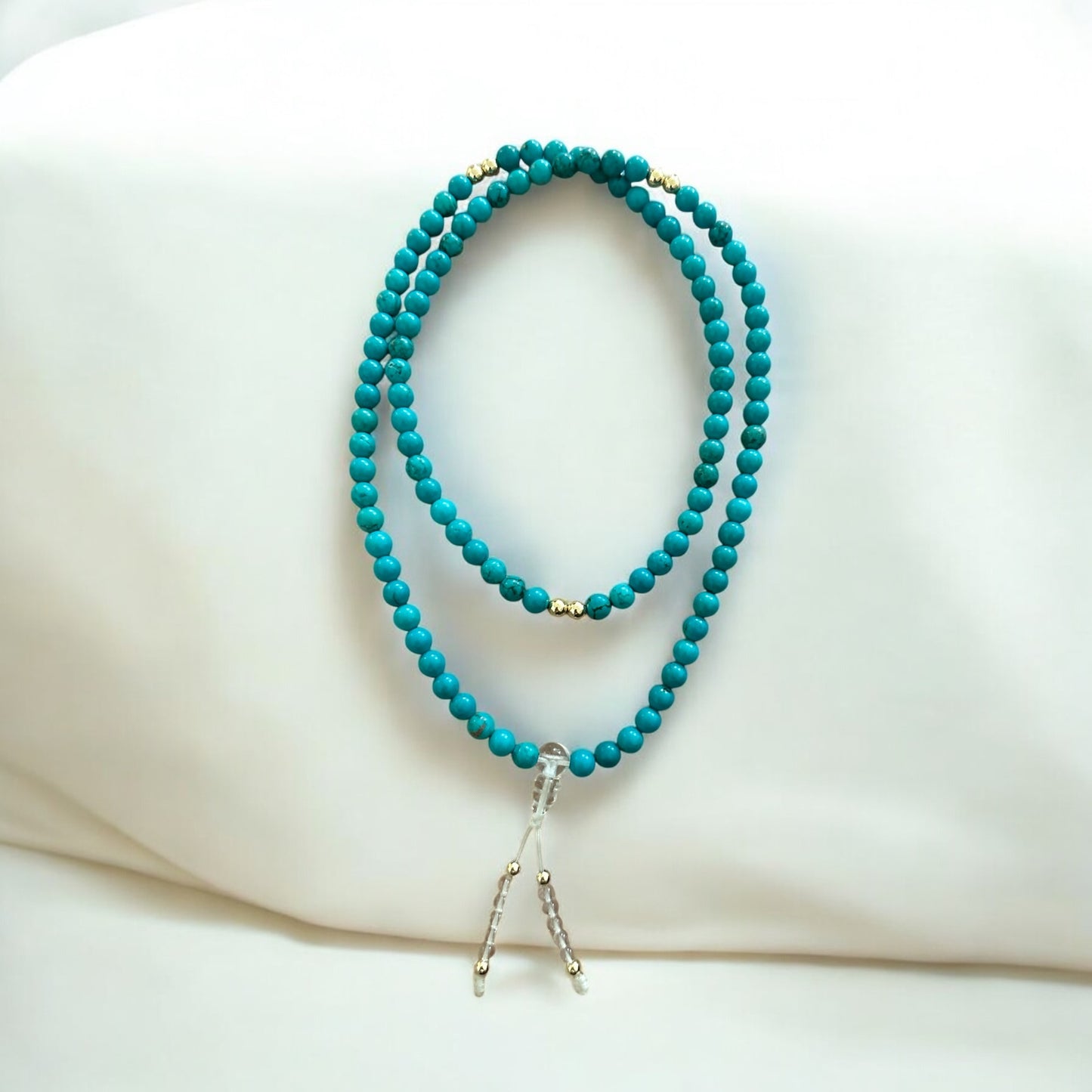 Encoded Tibetan Mala – 108 Hubei Turquoise Beads of Blessing with Clear Quartz • 14K Gold-Filled Beads (Pre-coded & Attuned)