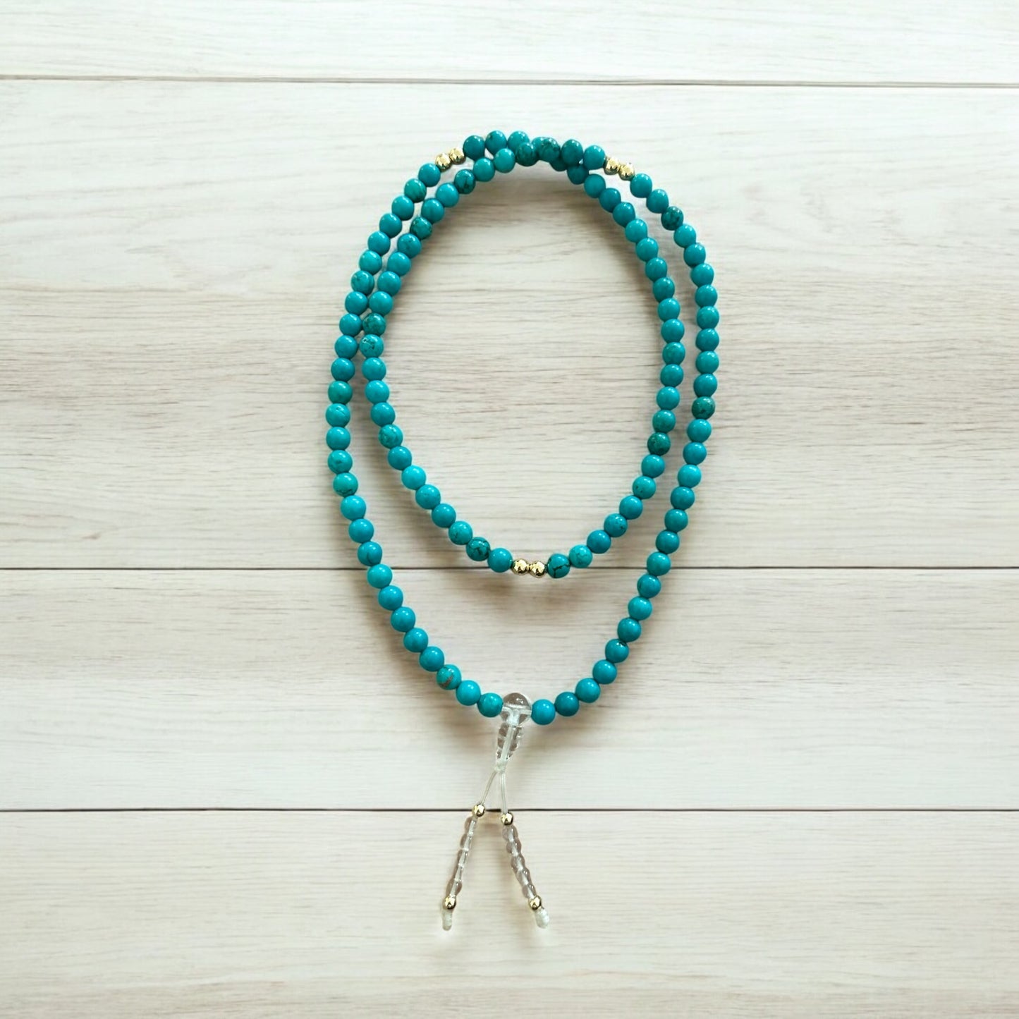 Encoded Tibetan Mala – 108 Hubei Turquoise Beads of Blessing with Clear Quartz • 14K Gold-Filled Beads (Pre-coded & Attuned)