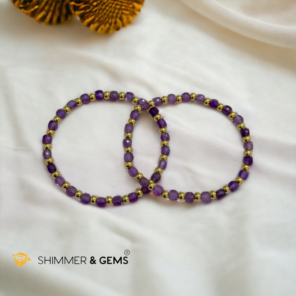 Amethyst Cube (4mm) Bracelet with Stainless Steel Beads