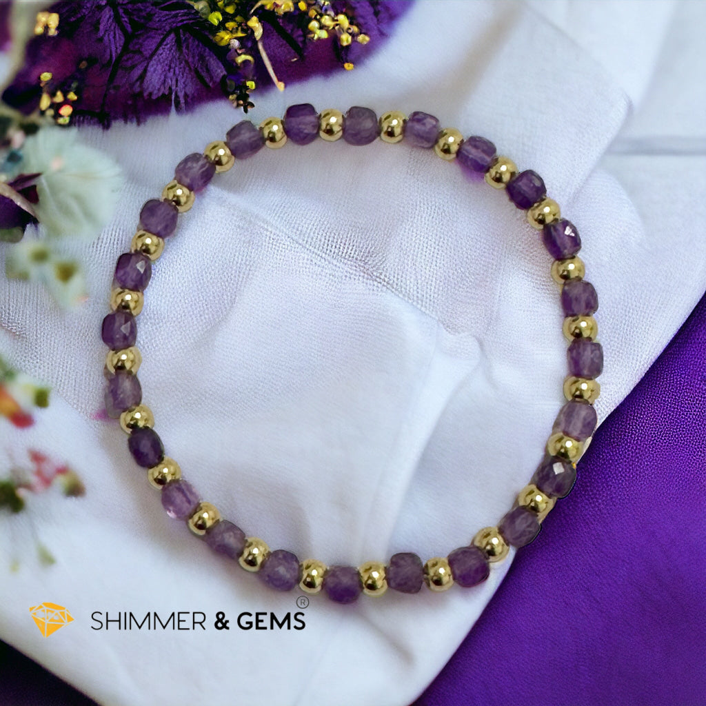 Amethyst Cube (4mm) Bracelet with Stainless Steel Beads