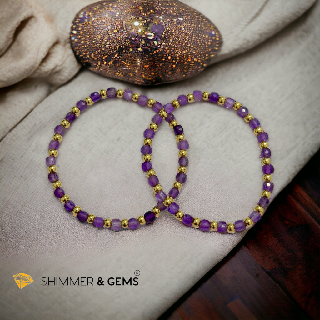 Amethyst Cube (4mm) Bracelet with Stainless Steel Beads