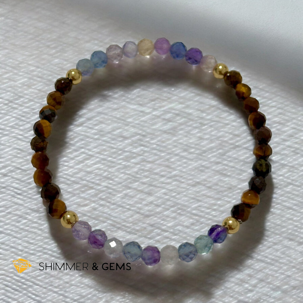 Anxiety Shield Bracelet (Fluorite and Tiger’s Eye 4mm Faceted with Stainless Steel Beads)