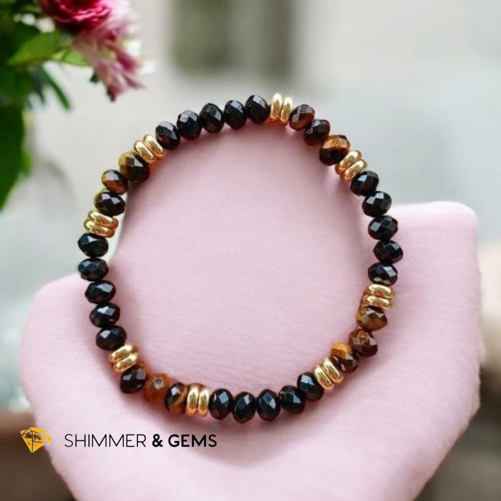 Aura Shield Bracelet (Tiger’s Eye & Black Tourmaline 4x6mm Rondelle) with stainless steel beads