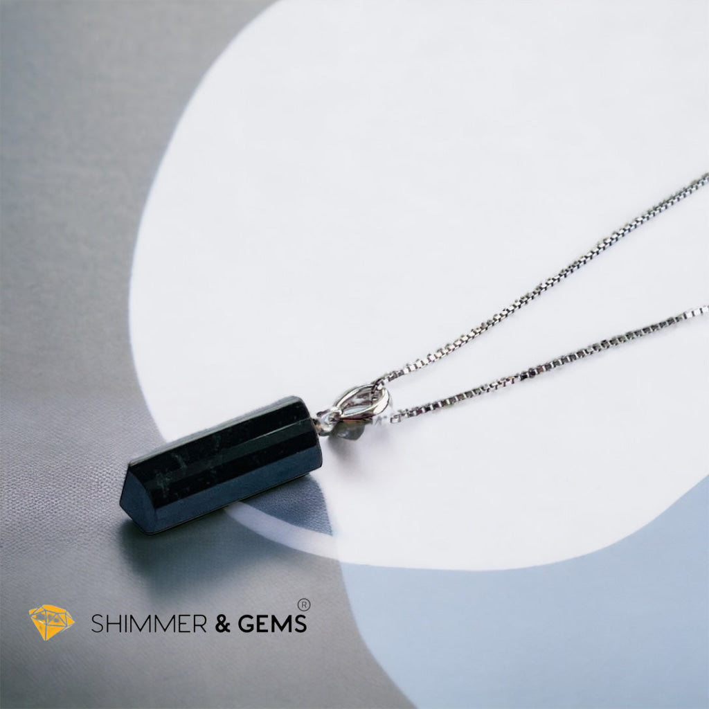 Black Tourmaline Tube 925 Silver Pendant (Protection)
