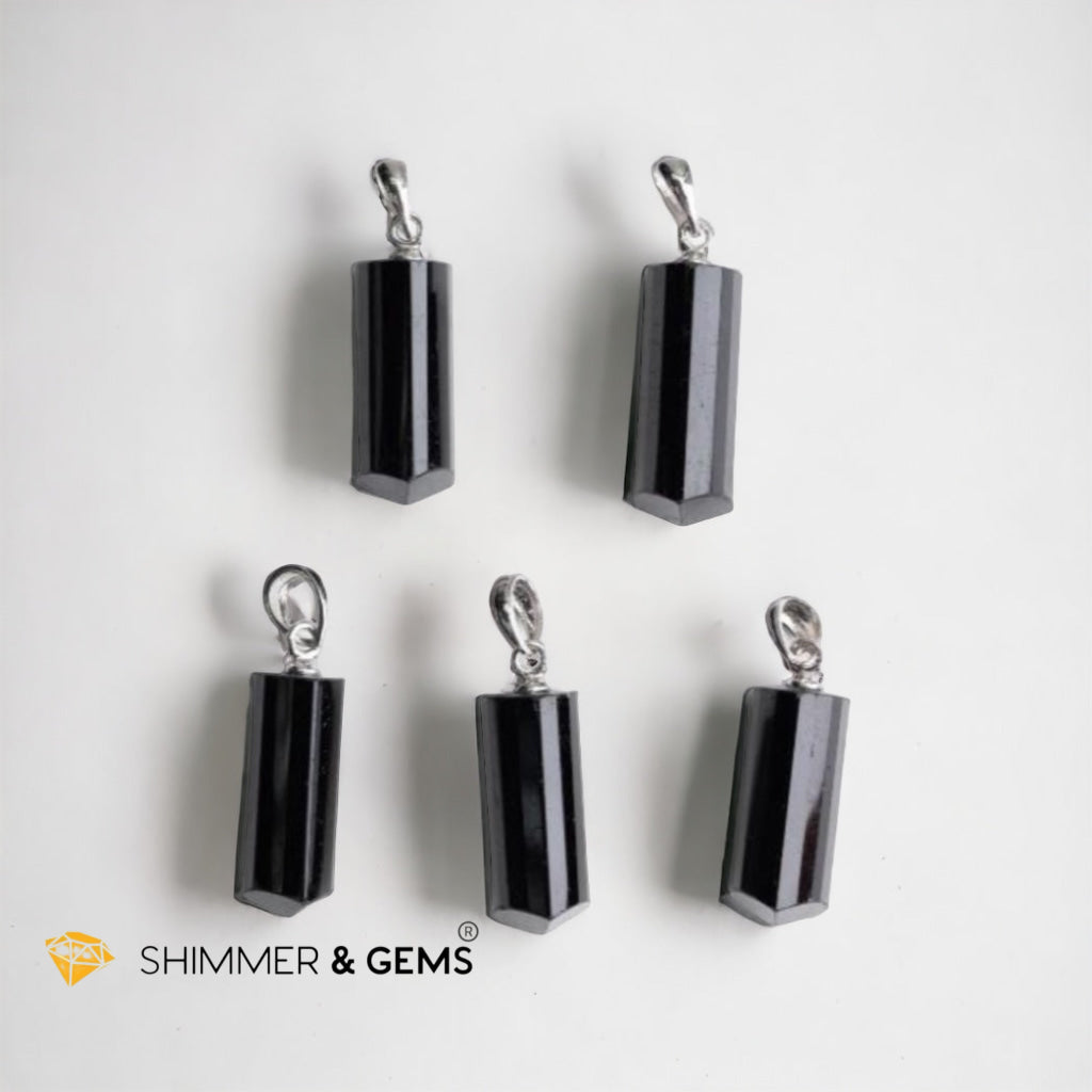 Black Tourmaline Tube 925 Silver Pendant (Protection)
