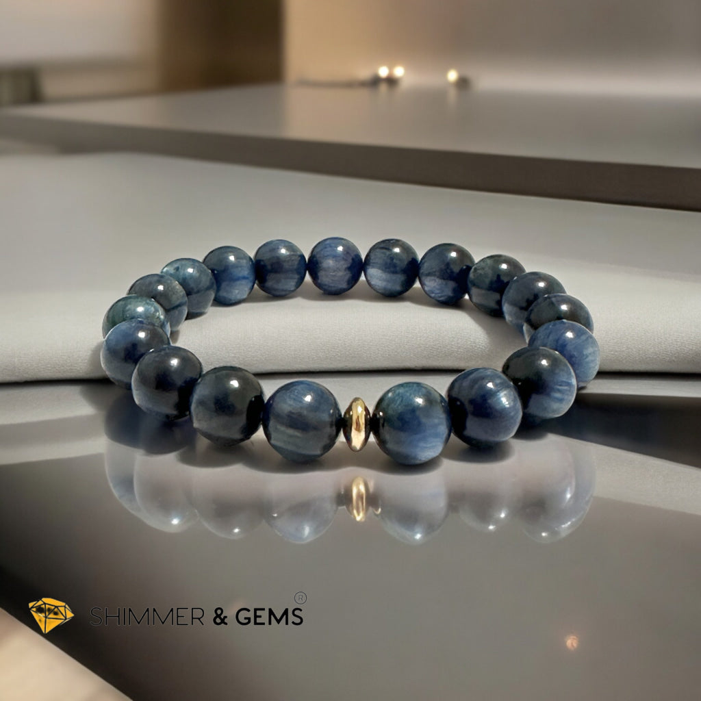 Blue Kyanite 10mm Bracelet with 14k gold filled Bead (AAA Grade) For Men & Women (Not Dyed, All Natural) Premium, Encoded & Activated