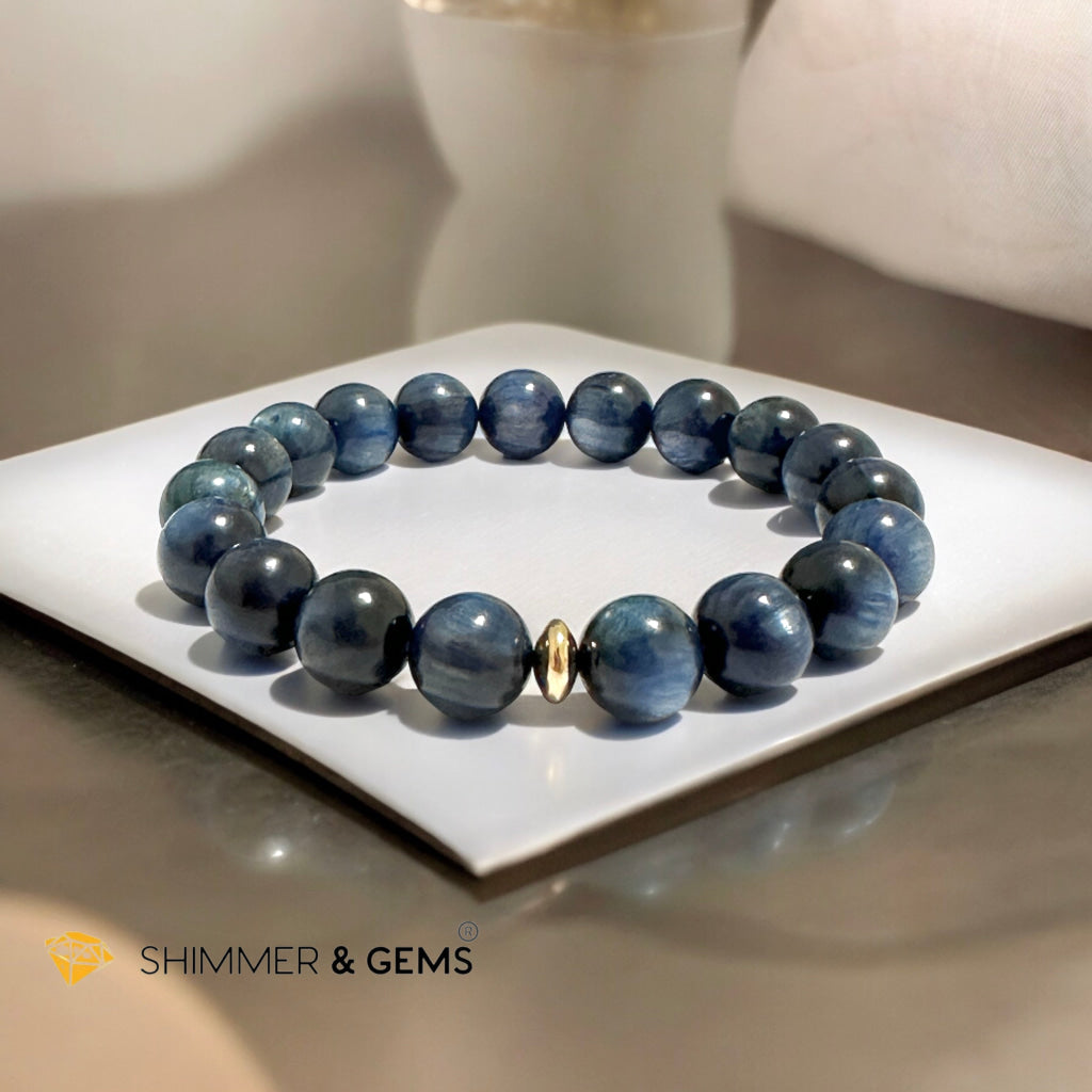 Blue Kyanite 10mm Bracelet with 14k gold filled Bead (AAA Grade) For Men & Women (Not Dyed, All Natural) Premium, Encoded & Activated