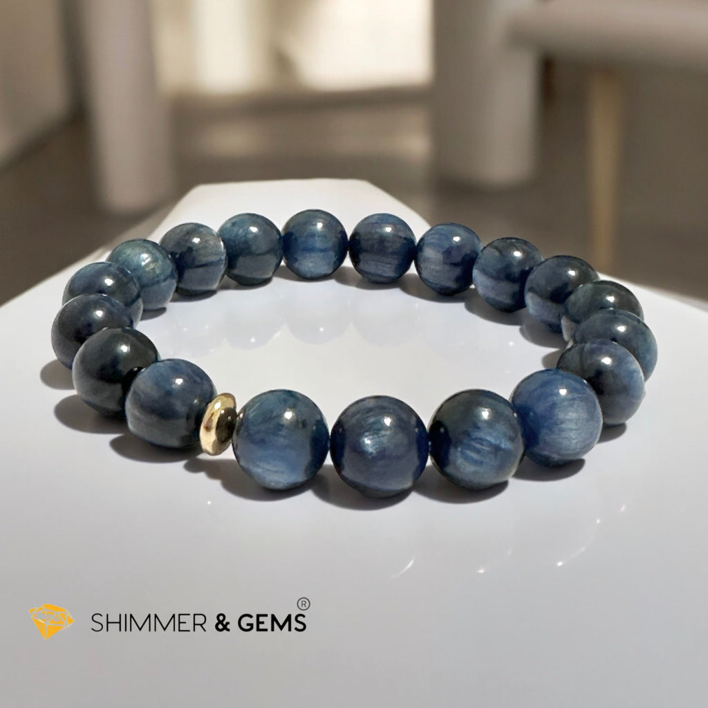 Blue Kyanite 10mm Bracelet with 14k gold filled Bead (AAA Grade) For Men & Women (Not Dyed, All Natural) Premium, Encoded & Activated