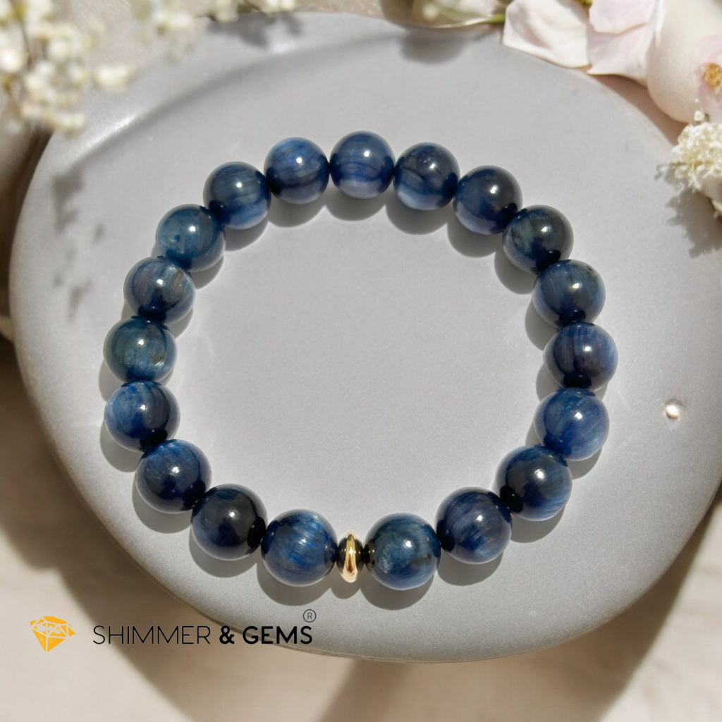 Blue Kyanite 10mm Bracelet with 14k gold filled Bead (AAA Grade) For Men & Women (Not Dyed, All Natural) Premium, Encoded & Activated