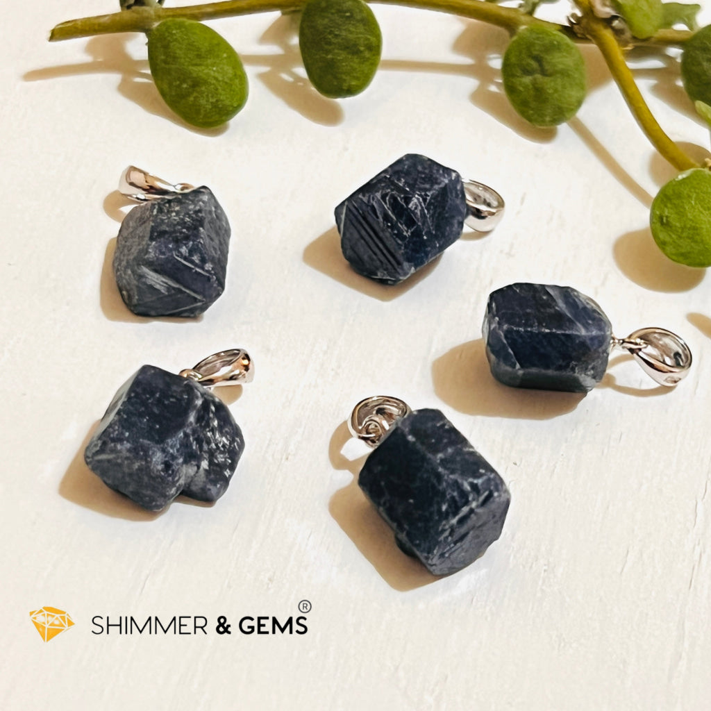 Blue Sapphire Raw Pendant (Fame & Wealth) 925 Silver (Aa Grade) 12.5 Carats Charms Pendants