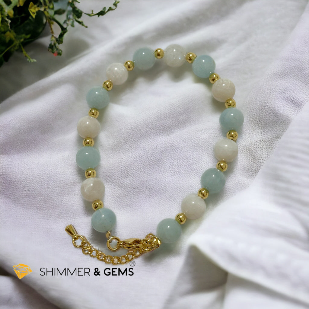 Calming Bracelet (Aquamarine, Moonstone 8mm with stainless steel chain and beads)