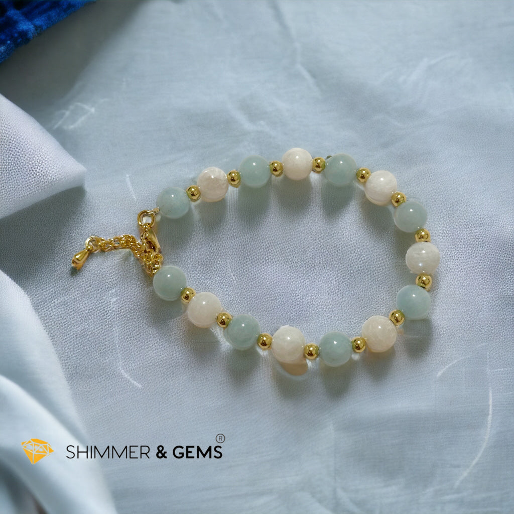 Calming Bracelet (Aquamarine, Moonstone 8mm with stainless steel chain and beads)