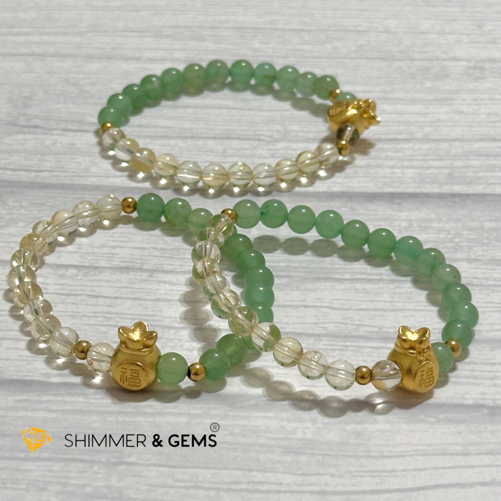 Citrine and Aventurine Money Bag Bracelet 6mm (24K Gold Filled Brass)