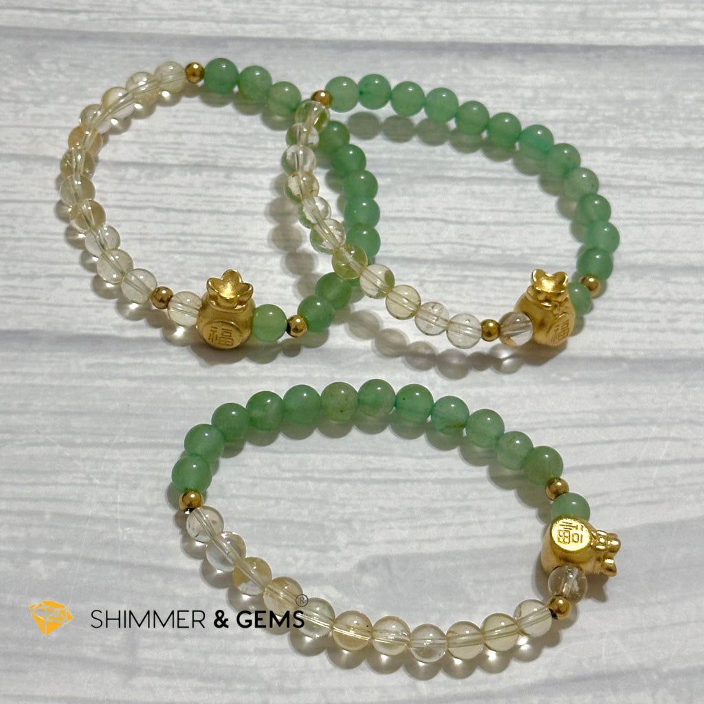 Citrine and Aventurine Money Bag Bracelet 6mm (24K Gold Filled Brass)
