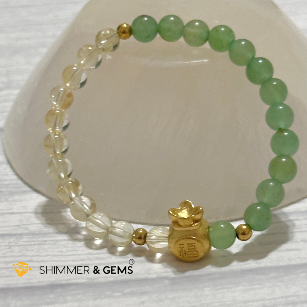 Citrine and Aventurine Money Bag Bracelet 6mm (24K Gold Filled Brass)