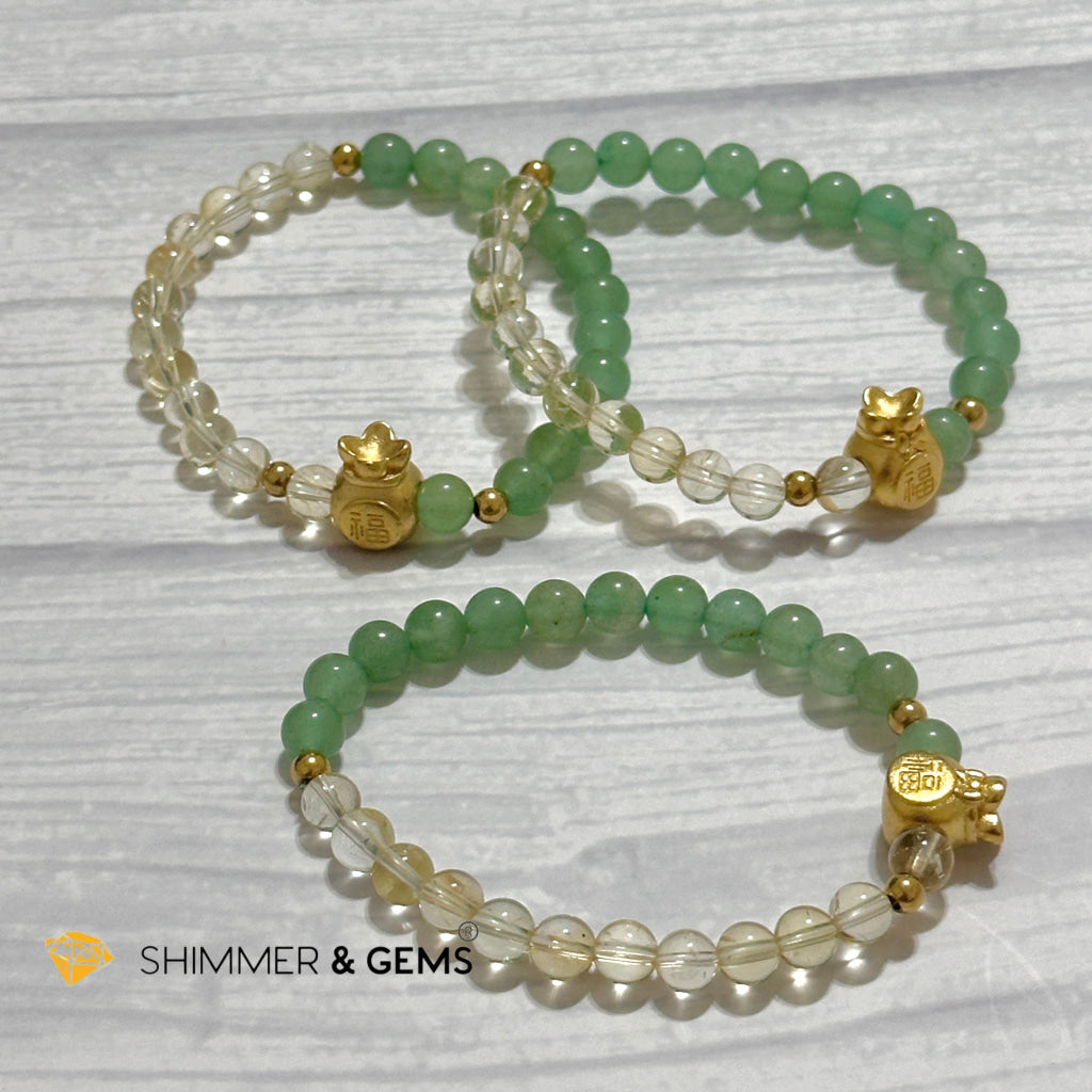 Citrine and Aventurine Money Bag Bracelet 6mm (24K Gold Filled Brass)