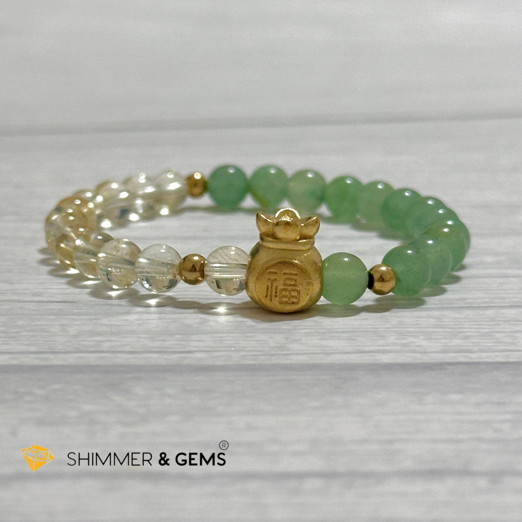 Citrine and Aventurine Money Bag Bracelet 6mm (24K Gold Filled Brass)