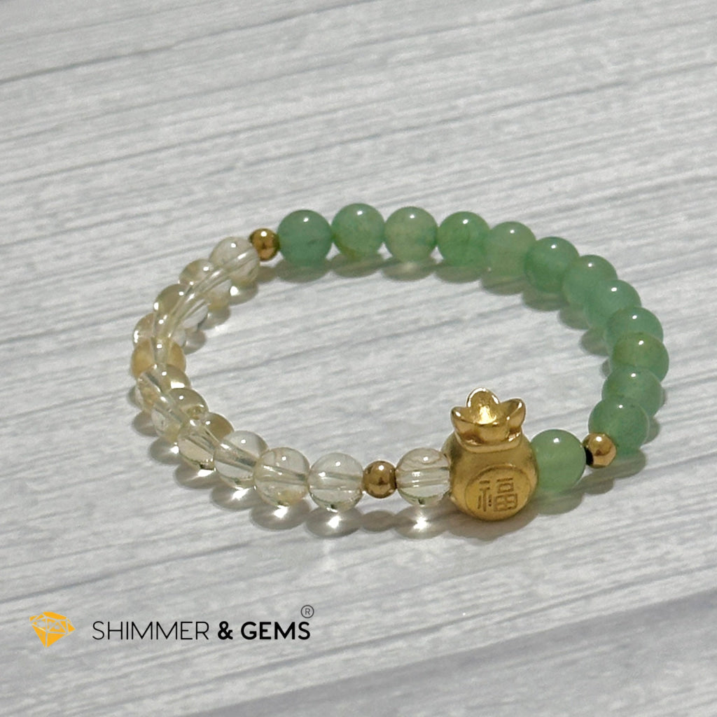Citrine and Aventurine Money Bag Bracelet 6mm (24K Gold Filled Brass)
