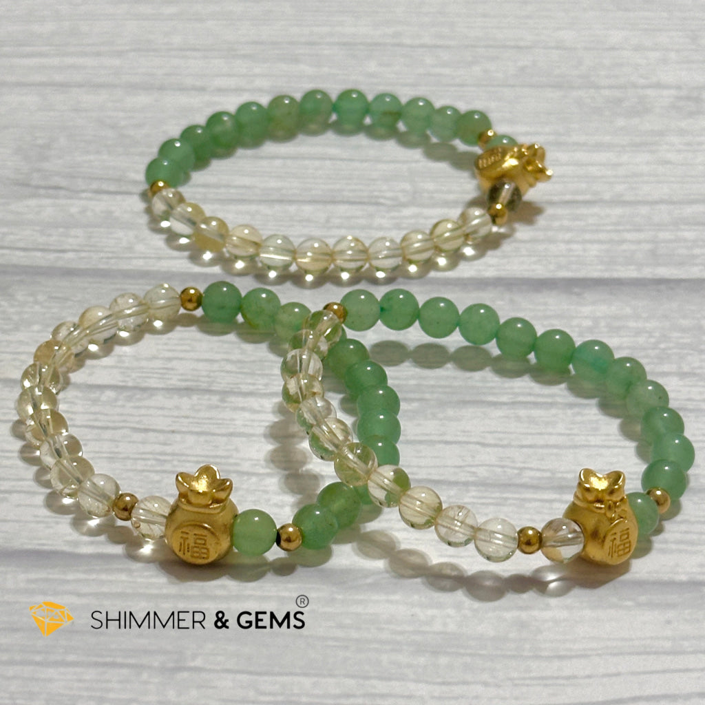 Citrine and Aventurine Money Bag Bracelet 6mm (24K Gold Filled Brass)