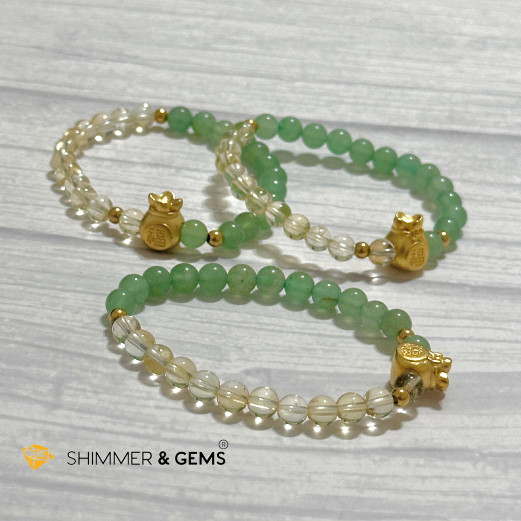 Citrine and Aventurine Money Bag Bracelet 6mm (24K Gold Filled Brass)