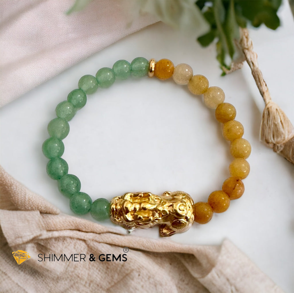 Double Good Luck Pixiu Bracelet (Stainless Steel) Aventurine and Yellow Jade 6mm