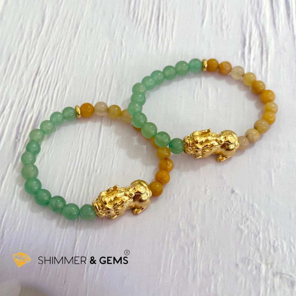 Double Good Luck Pixiu Bracelet (Stainless Steel) Aventurine and Yellow Jade 6mm