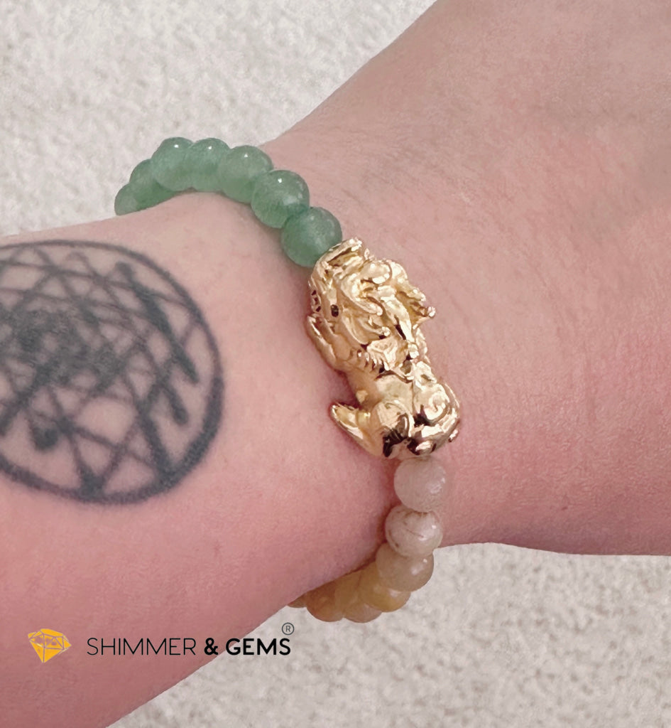 Double Good Luck Pixiu Bracelet (Stainless Steel) Aventurine and Yellow Jade 6mm
