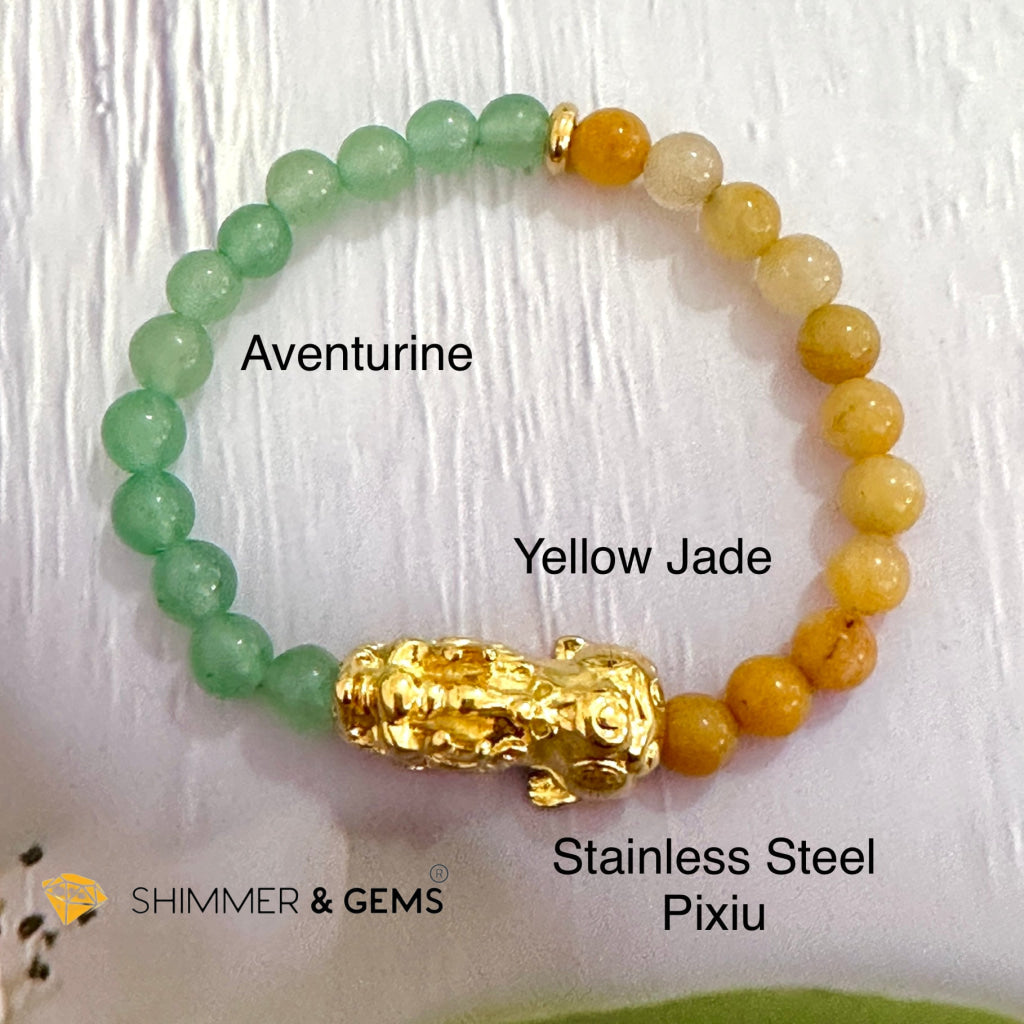 Double Good Luck Pixiu Bracelet (Stainless Steel) Aventurine and Yellow Jade 6mm