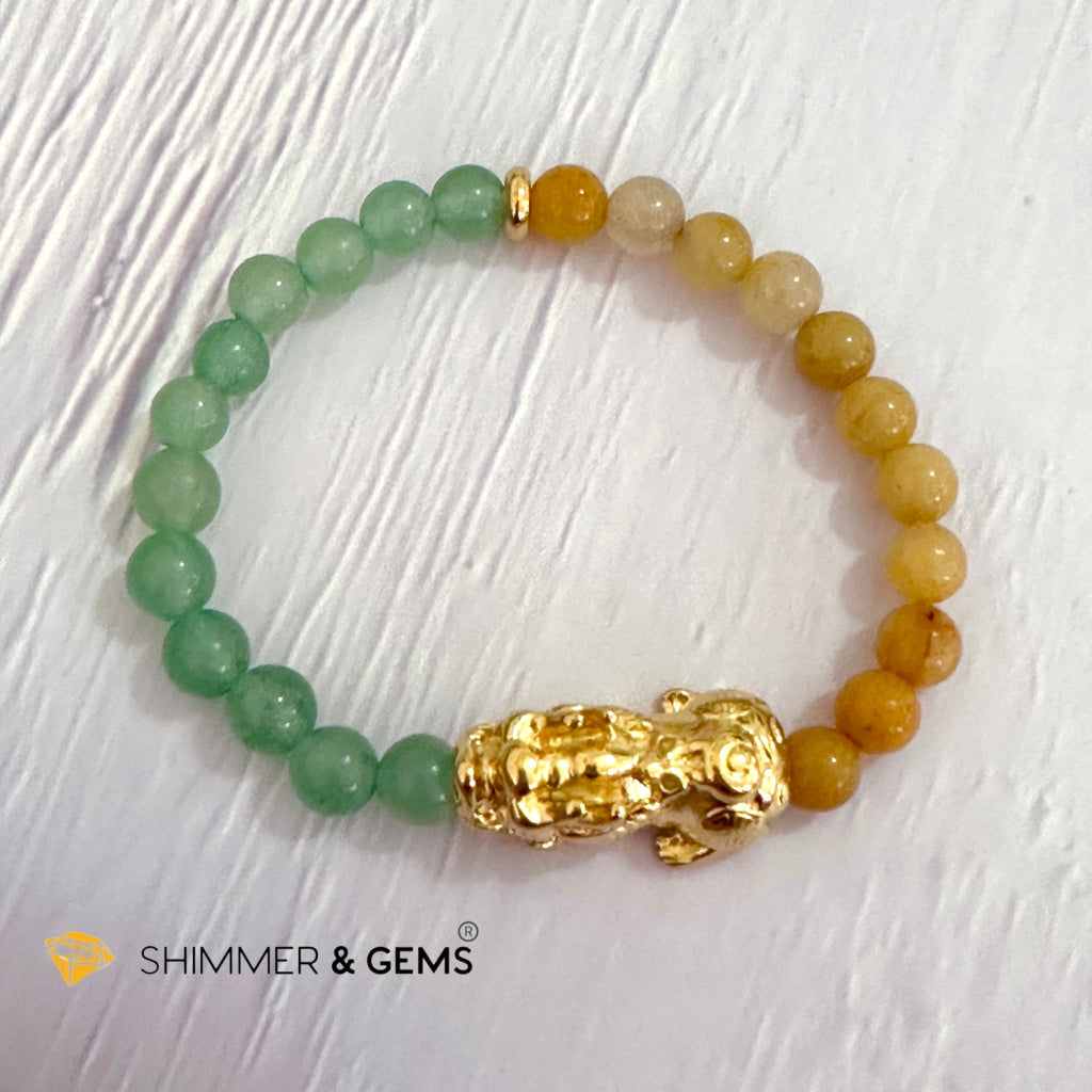 Double Good Luck Pixiu Bracelet (Stainless Steel) Aventurine and Yellow Jade 6mm