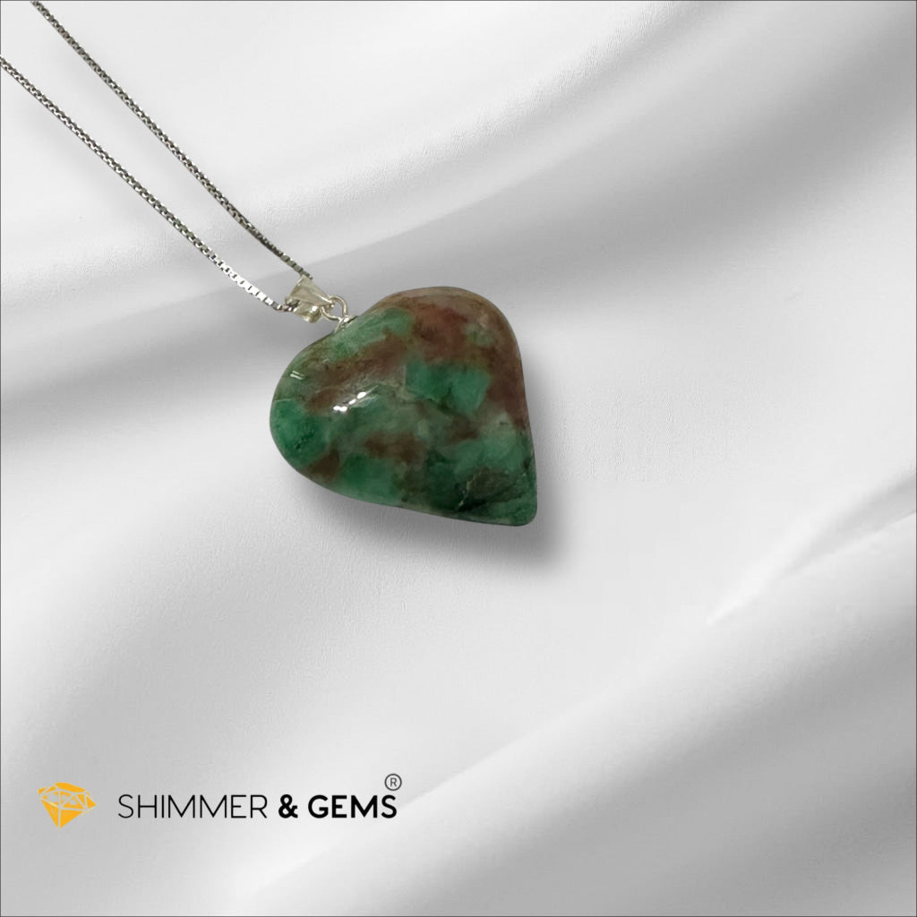 Emerald With Red Beryl Inclusion Heart Pendant 925 Silver 25mm (Encoded & Activated) Premium