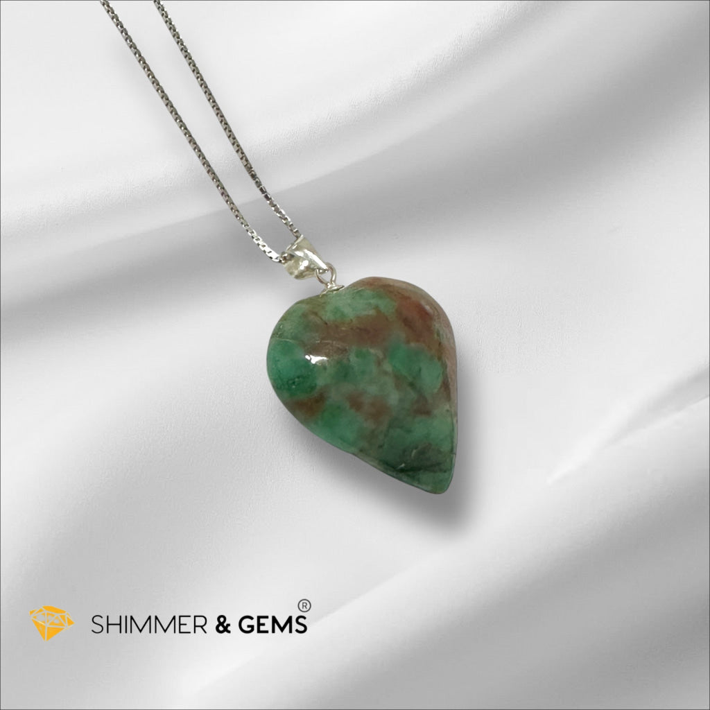 Emerald With Red Beryl Inclusion Heart Pendant 925 Silver 25mm (Encoded & Activated) Premium