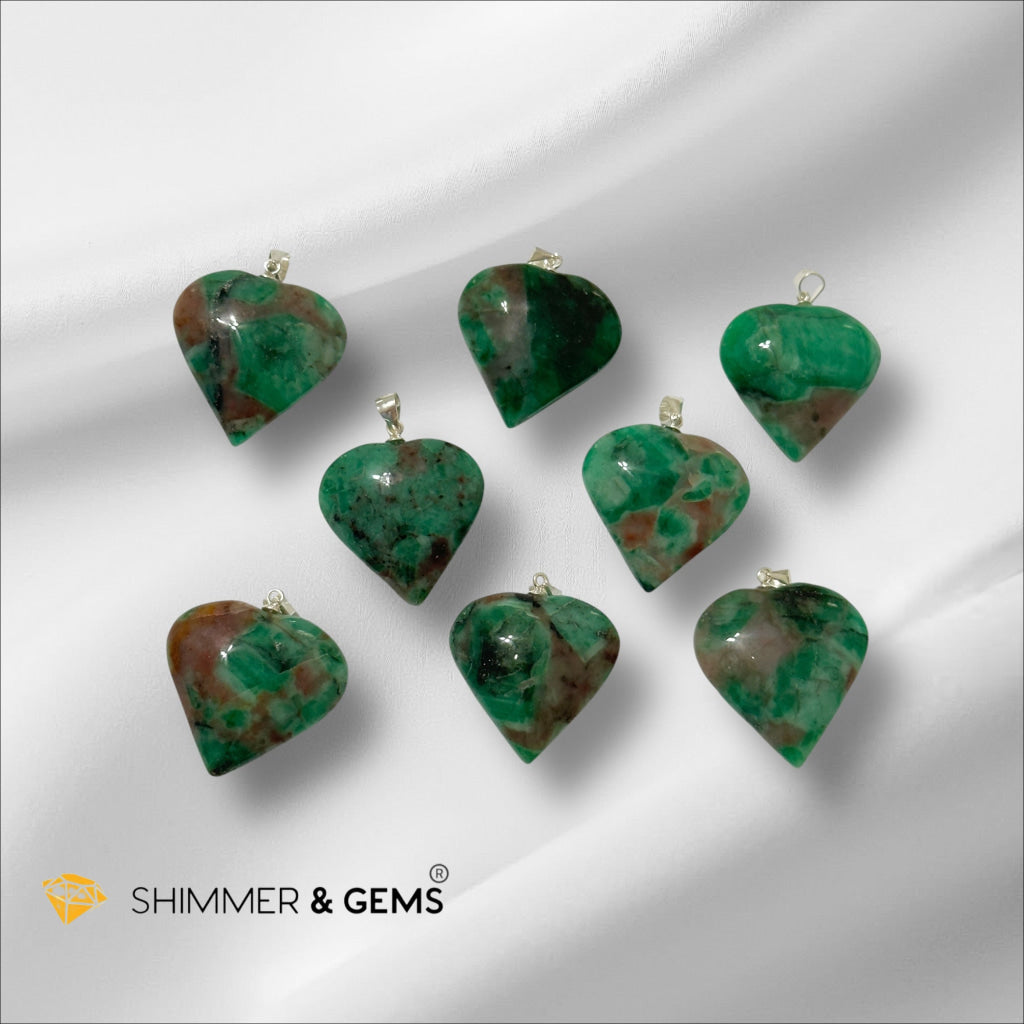 Emerald With Red Beryl Inclusion Heart Pendant 925 Silver 25mm (Encoded & Activated) Premium