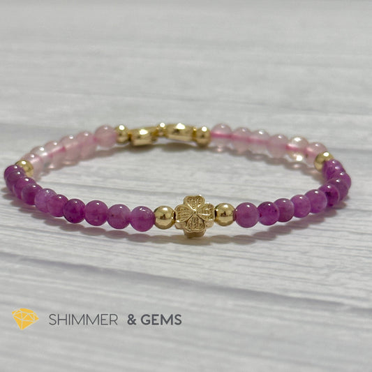 Enchanting Love Remedy Bracelet (Ruby, Rose Quartz 4mm with Clover & Twin Hearts 14k gold plated copper charms)