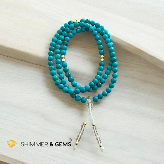 Encoded Tibetan Mala – 108 Hubei Turquoise Beads of Blessing with Clear Quartz • 14K Gold-Filled Beads (Pre-coded & Attuned)