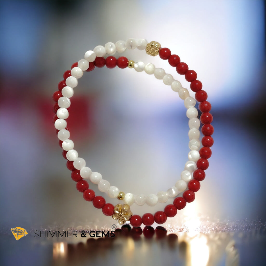 Energy Balance Infinity Bracelet (Red Coral (dyed) & Mother of Pearl 4mm with 14k gold plated copper charms)