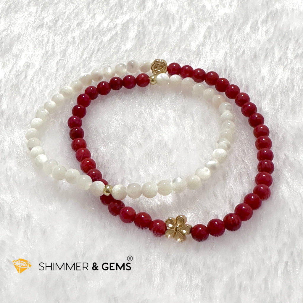 Energy Balance Infinity Bracelet (Red Coral (dyed) & Mother of Pearl 4mm with 14k gold plated copper charms)