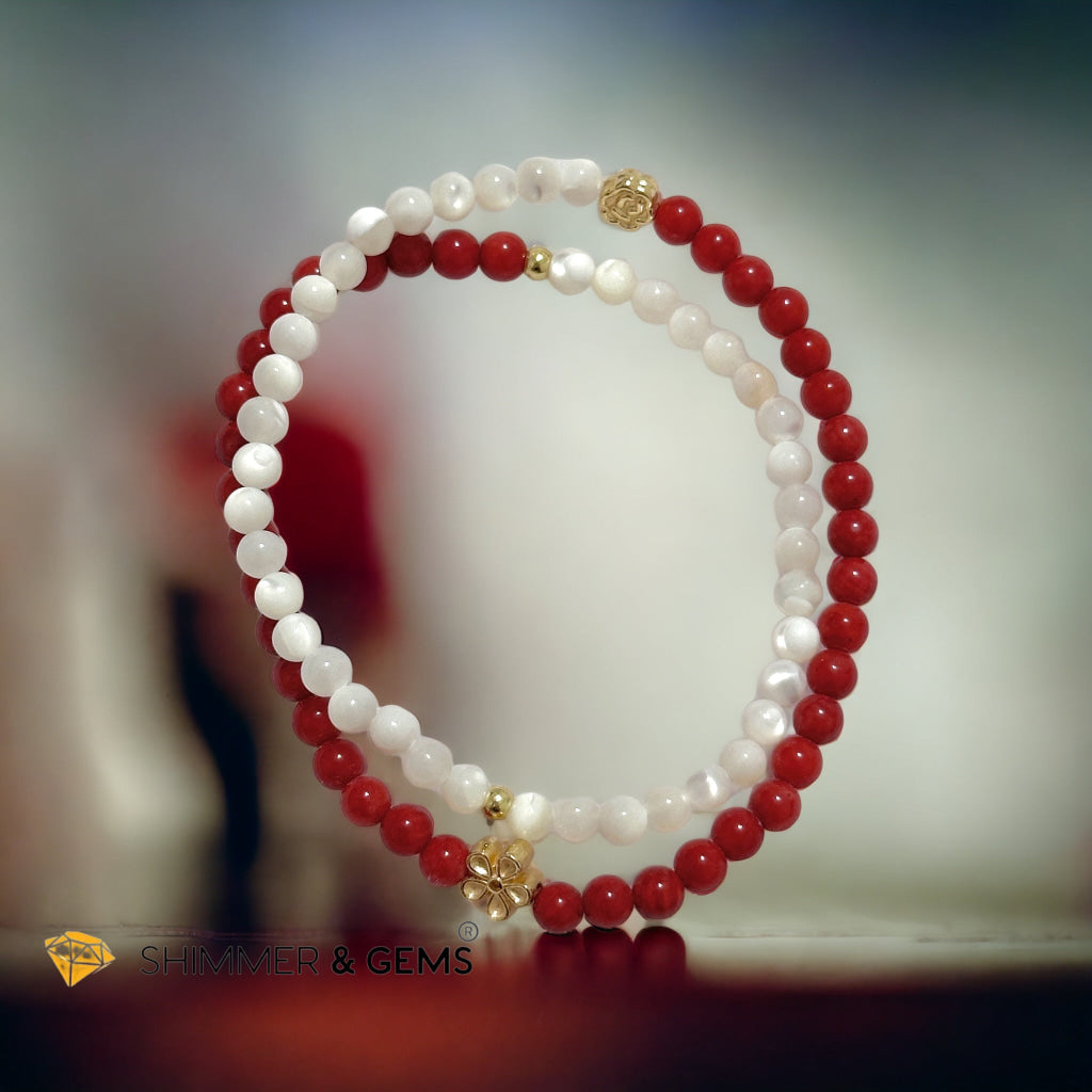 Energy Balance Infinity Bracelet (Red Coral (dyed) & Mother of Pearl 4mm with 14k gold plated copper charms)