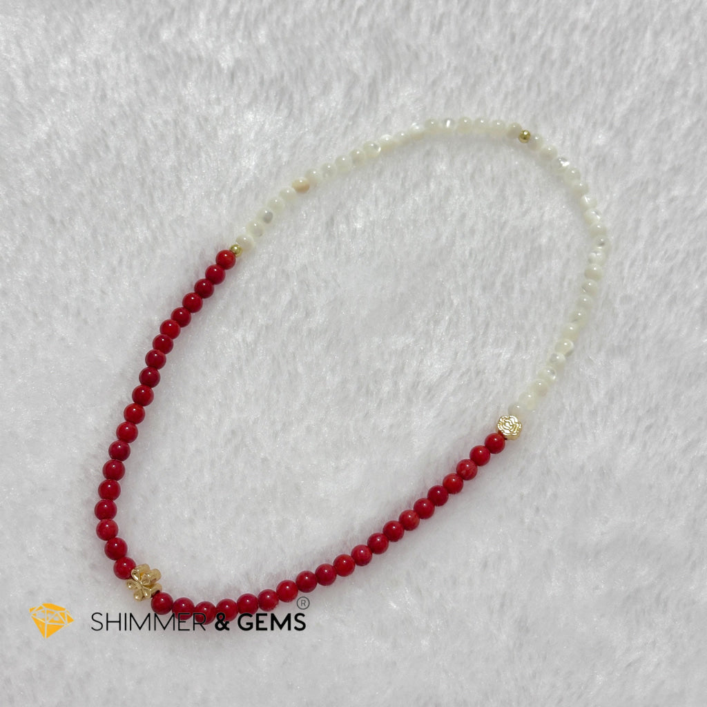 Energy Balance Infinity Bracelet (Red Coral (dyed) & Mother of Pearl 4mm with 14k gold plated copper charms)
