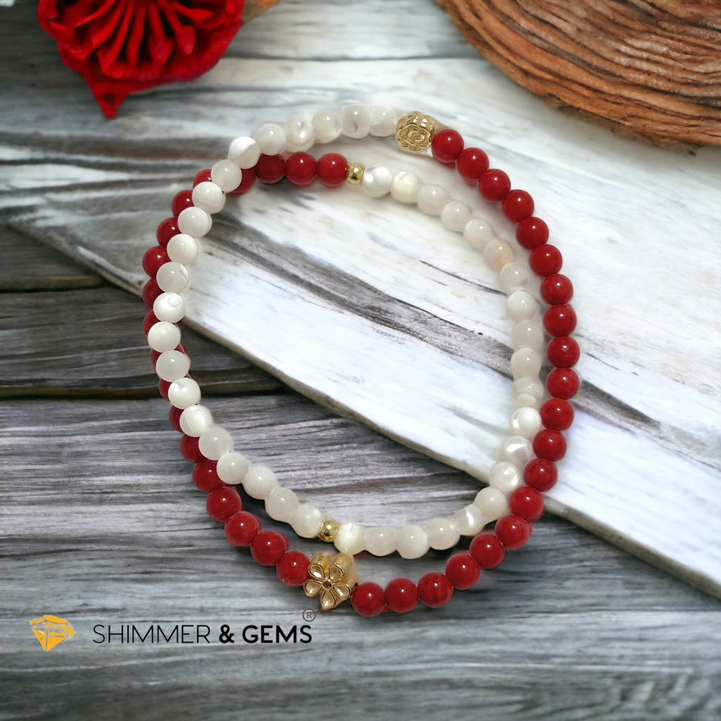 Energy Balance Infinity Bracelet (Red Coral (dyed) & Mother of Pearl 4mm with 14k gold plated copper charms)