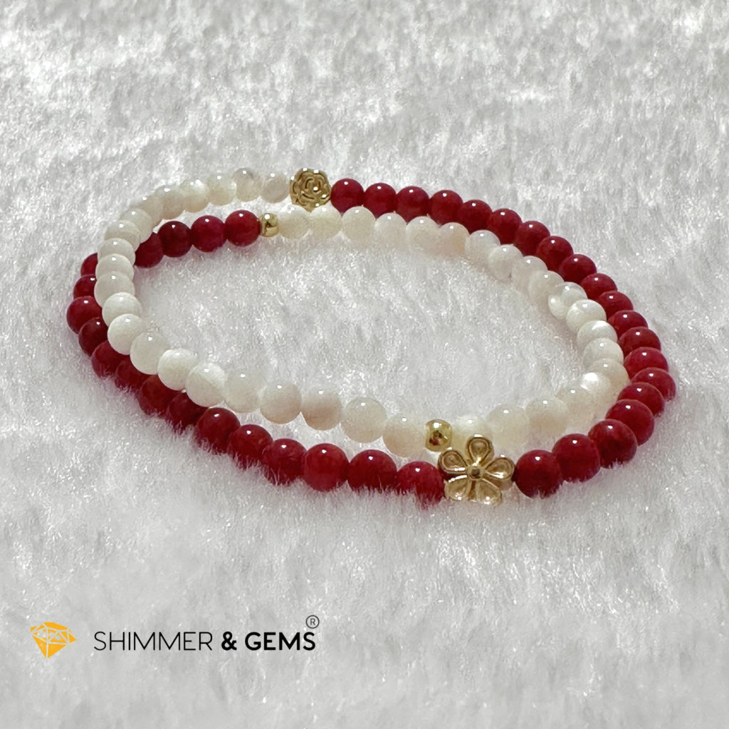 Energy Balance Infinity Bracelet (Red Coral (dyed) & Mother of Pearl 4mm with 14k gold plated copper charms)
