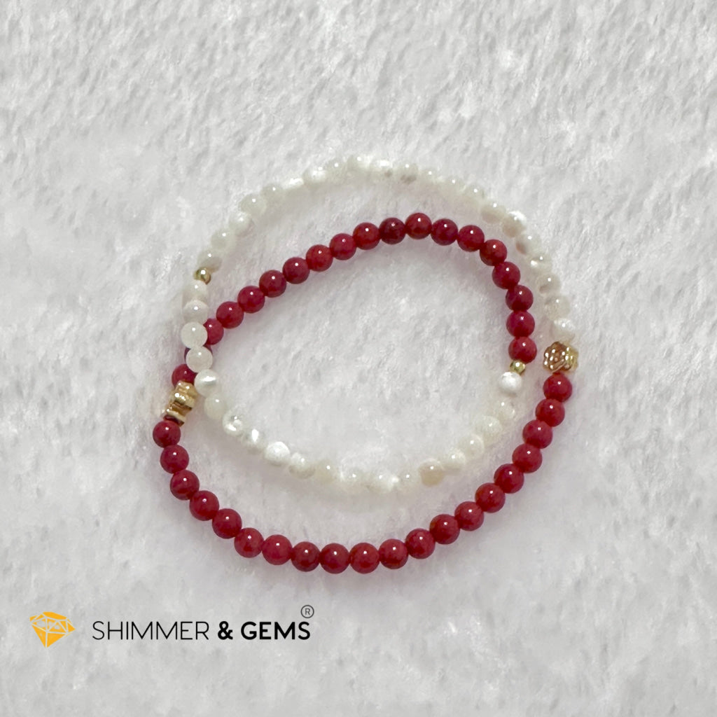 Energy Balance Infinity Bracelet (Red Coral (dyed) & Mother of Pearl 4mm with 14k gold plated copper charms)