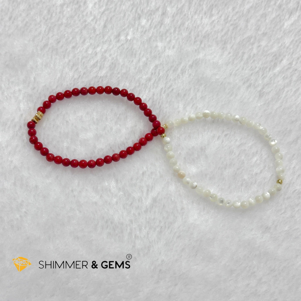 Energy Balance Infinity Bracelet (Red Coral (dyed) & Mother of Pearl 4mm with 14k gold plated copper charms)