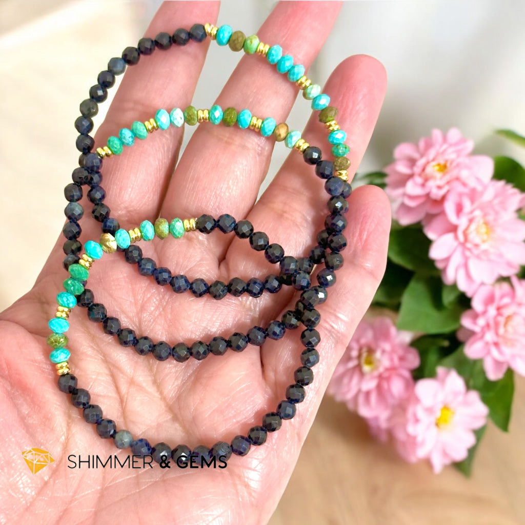 Fame & Fortune Bracelet
(Blue Sapphire 4mm, Turqoise Rondelle with Stainless Steel Beads)