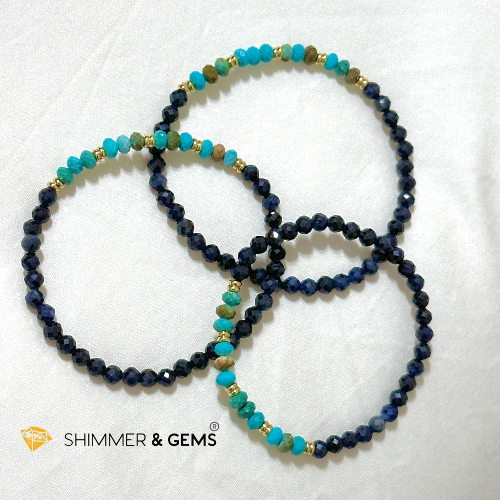 Fame & Fortune Bracelet
(Blue Sapphire 4mm, Turqoise Rondelle with Stainless Steel Beads)
