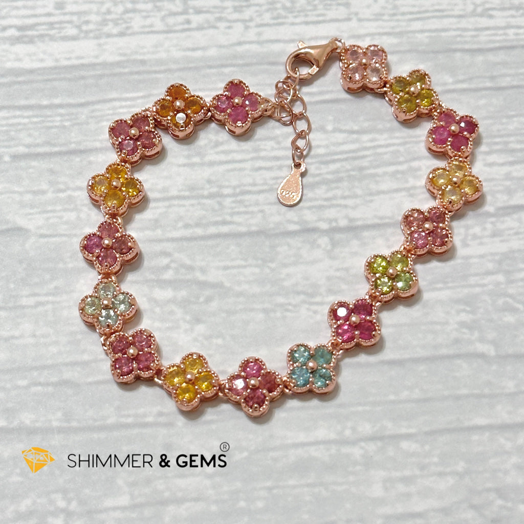 Four-Leaf Clover Mixed Tourmaline Bangle Bracelet (925 Silver Rose Gold)