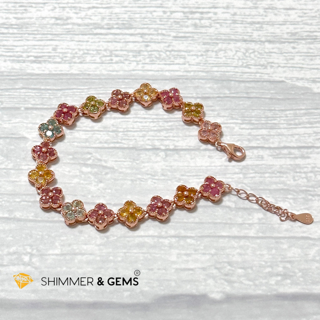 Four-Leaf Clover Mixed Tourmaline Bangle Bracelet (925 Silver Rose Gold)